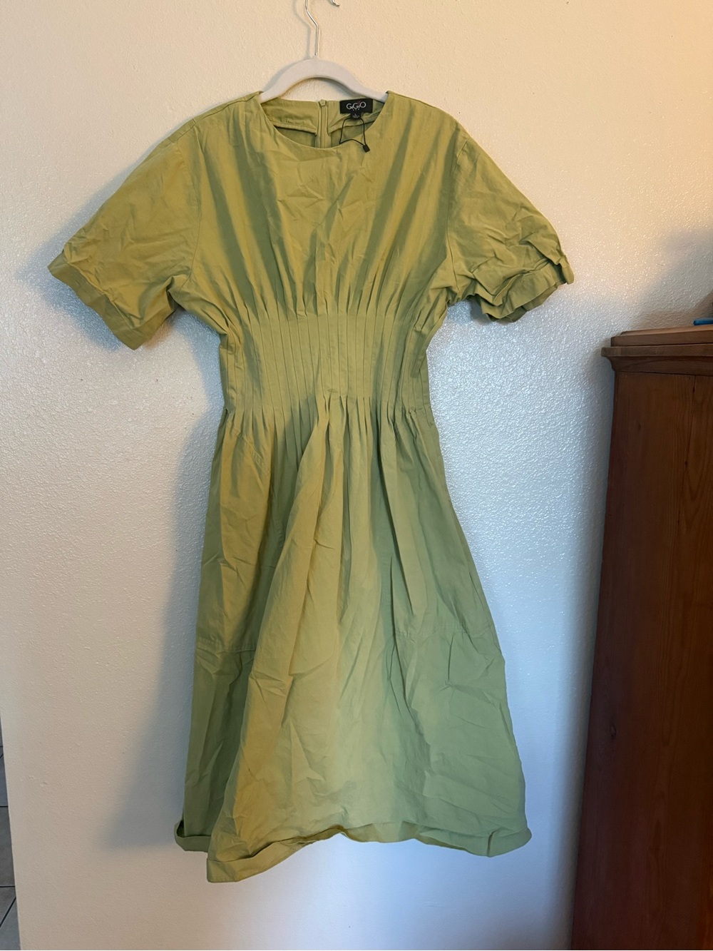 Smocked Pintuck Waist Midi Dress in Olive Green - Picture 4 of 8
